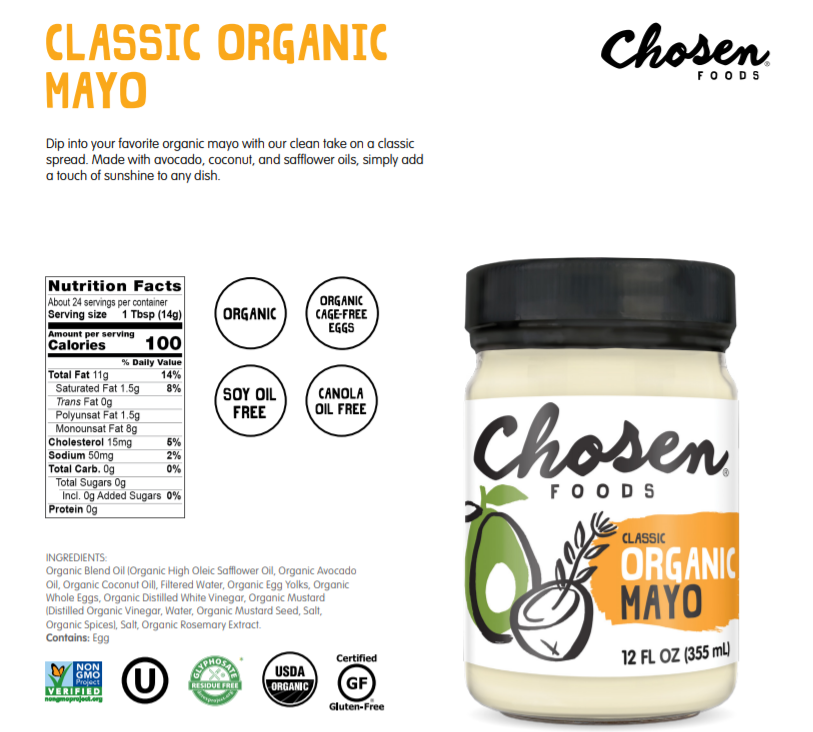 Chosen Foods Classic ORGANIC Mayo 12FL OZ (355 mL)